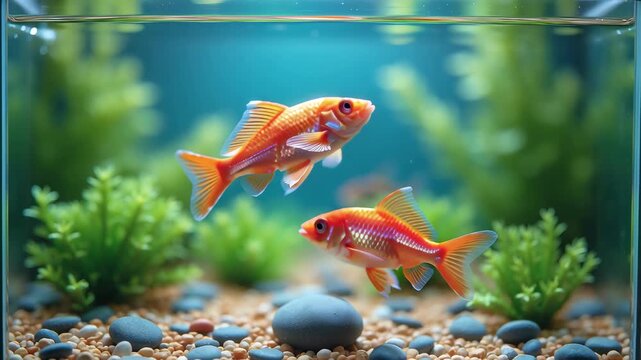 Two orange fish swimming in an aquarium near rocks and green plants, showing underwater life footage