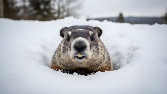 Groundhog day forecast furry weather predictor emerges from snowy burrow