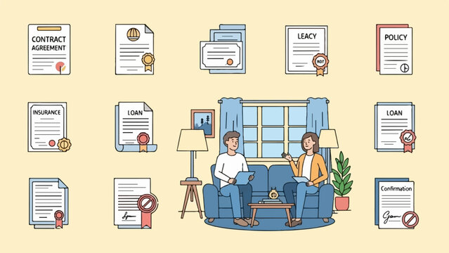 Two people discuss documents in a living room, surrounded by official papers like loans and contracts