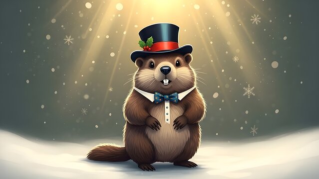 Groundhog day celebration with punxsutawney phil wearing top hat