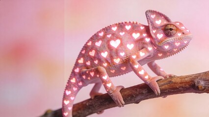 Cute pink chameleon covered in glowing heart patterns, standing on a branch against a soft pastel bokeh background. Playful Valentine or love concept for creative greeting cards and posters.