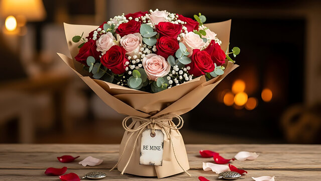 Romantic bouquet of red pink roses and eucalyptus on wooden table with fireplace background - Powered by Adobe