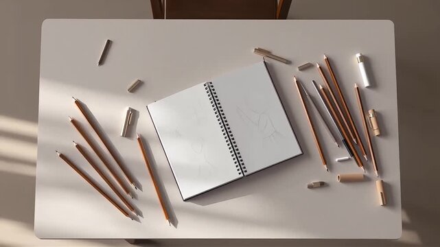 Open sketchbook with drawing tools on a table