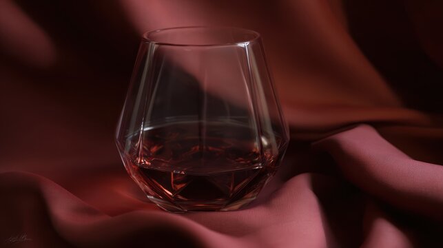 A faceted glass partially filled with a deep red liquid set on elegant, draped fabric