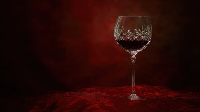A crystal wine glass filled with red liquid, set against a dark red, moody backdrop