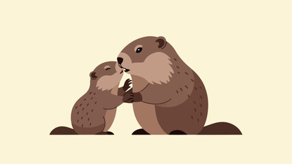 Obraz premium Two cartoon groundhogs, one small, kiss each other