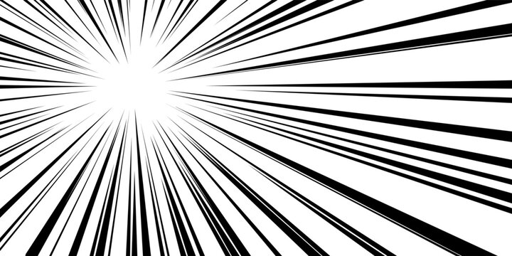 White radial speed lines on a black background for dramatic manga emphasis. Vector concentration rays with a grunge texture and ink splash effect to focus attention on central superhero action.