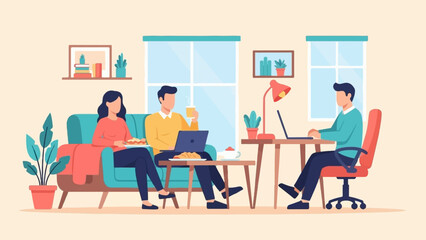 Three people working on laptops and eating indoors