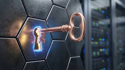 Cybersecurity concept with golden key unlocking digital server room,secure access and data protection for modern IT infrastructure