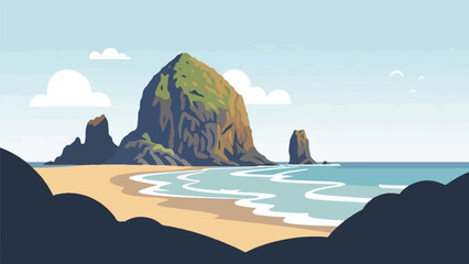Stylized coastal scene with a large rock formation, beach, and ocean under a cloudy sky © kocai