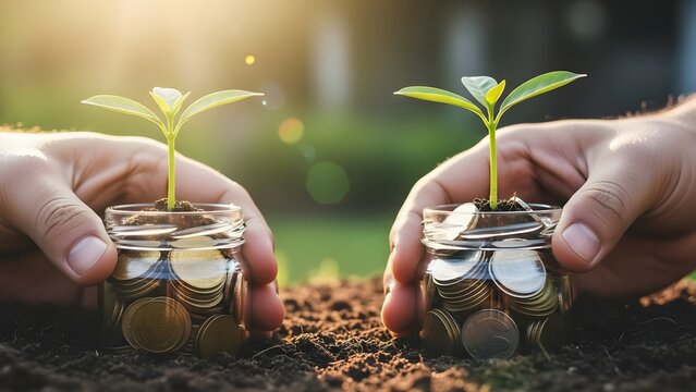 Small green plants growing in glass jars filled with coins. Wealth accumulation and sustainable investment. Hands protecting young sprouts in money containers