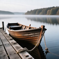 Obraz premium Old wooden rowboat tethered to a weathered dock on a calm lake