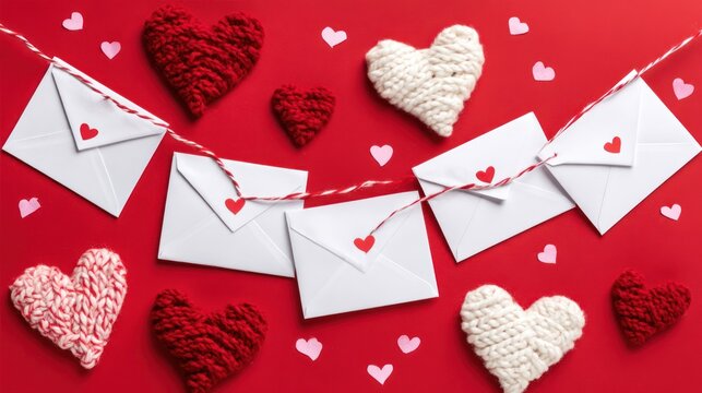 Romantic red backdrop with white envelopes strung and yarn hearts. Tiny hearts scattered