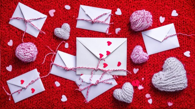 Romantic assortment featuring envelopes, yarn hearts, and scattered hearts, resting on red fabric