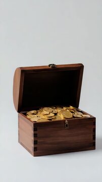 Open wooden treasure chest filled with gold coins