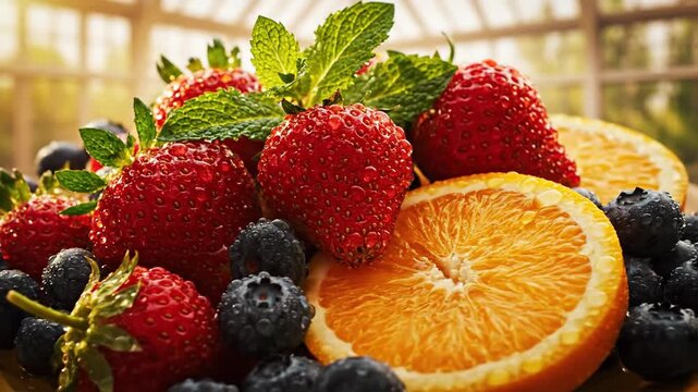 Fresh Fruit Assortment Display - Vibrant Citrus & Berries Still Life