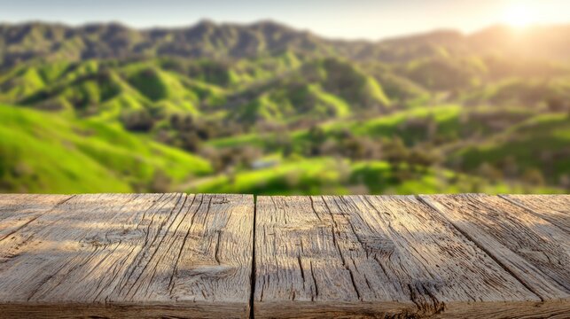 Weathered wooden table foreground; lush green hills and bright sunlight in background