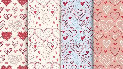 Set of Trendy Hand Drawn Doodle Seamless Heart Patterns
