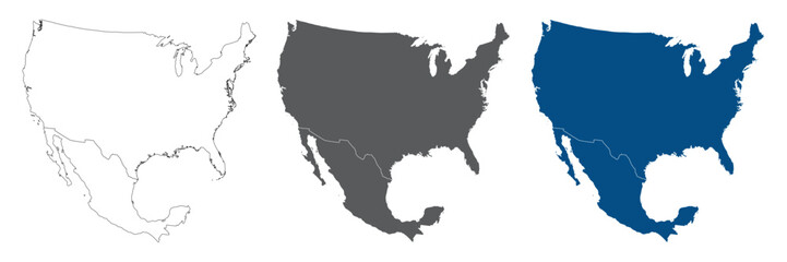 Fototapeta premium USA and Mexico Line Map Set with White Blue and Grey Color Variations USA and Mexico map in plain set.