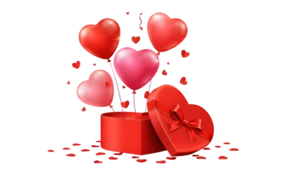 Valentine's day gift box with heart balloons isolated on transparent background