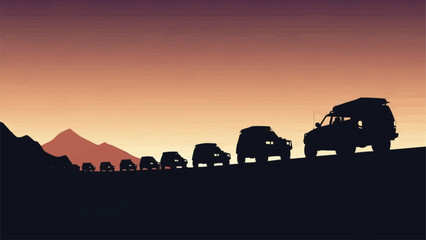Off road vehicles driving in a convoy at sunset. © raja