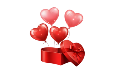 Red heart balloons emerging from an open gift box isolated on transparent background