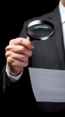 Business documentation inspection: man examines document with magnifier for detailed analysis, investigating text and data on paper sheet, concept of professional research and auditing control.