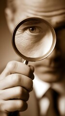 Business documentation inspection: man examines document detail with magnifier; business auditor investigates paper, checking text for analysis; professional researcher inspects information and data