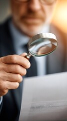 Business documentation inspection: man with magnifier examining document detail; professional auditor explores text, analysis, page; inspect paper, control datum, research concept metaphor, people
