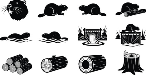 Beaver, dam, log, stump, swim, float, push, walk, sit, forest, nature, wildlife, animal, black, white, illustration, wood, structure, aquatic, behavior, habitat, environment © Creative Mind