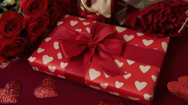 Romantic close-up featuring a gift box with heart pattern, red roses, and heart decorations
