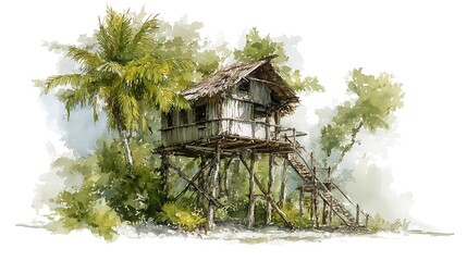 Stilt house with thatched roof surrounded by tropical trees wooden structure elevated home