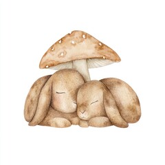 Fototapeta premium Watercolor illustration of two sleeping bunnies huddled under a mushroom
