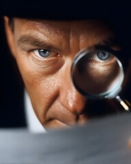 Business documentation inspection: man with magnifier examines text, detail, and datum on page, investigates paper, checks information; professional auditor explores concept, composition