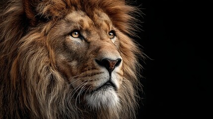 Naklejka premium Powerful Male Lion Side Profile with Intense and Dramatic Rim Lighting