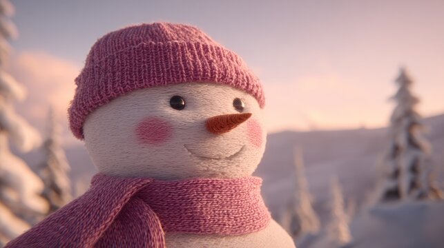 A smiling snowman with a pink hat and scarf on a snowy hillside