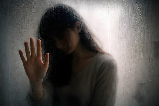 A woman seen behind foggy glass, using subtle visual metaphor to convey vulnerability and isolation.