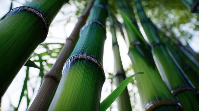 Low angle shot of bright green bamboo stalks reaching upward towards sunlight