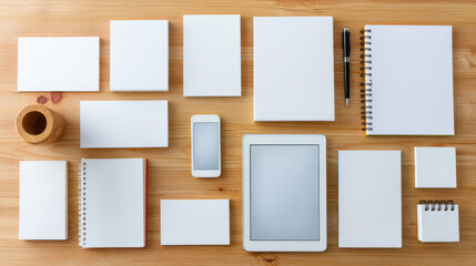 Blank stationery layout on wooden desk with digital tablet business device and pen creating business deal inspiration