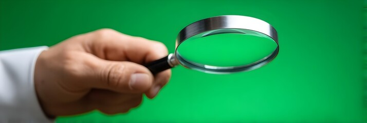 Business documentation inspecting detail document as auditor examines text with magnifier; man investigates page sheet for analysis and research; professional inspection concept with magnifying glass.