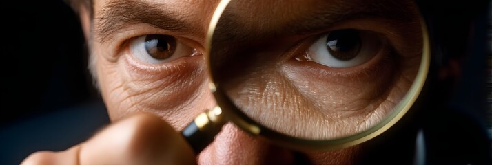 Business documentation inspection: man examining document with magnifier, professional analysis of page detail, auditor investigates text, researcher explores information, control and check