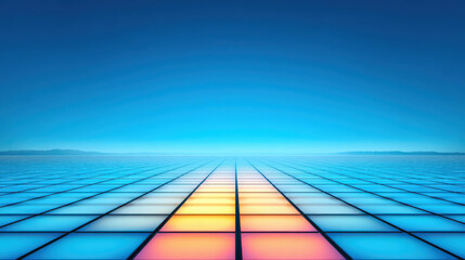 Obraz premium Digital + business + deal glowing horizon grid floor with warm center light and cool blue sky creating optimistic mood