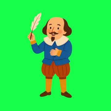 Cartoon Shakespeare holding quill animation, transparent 4K video, green screen