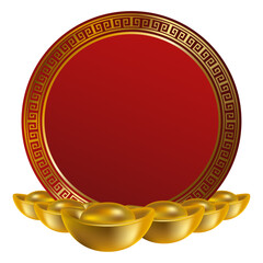 Chinese New Year background featuring a red circular frame with traditional golden ingots symbolizing wealth, prosperity, and good fortune. Festive Lunar New Year illustration with copy space