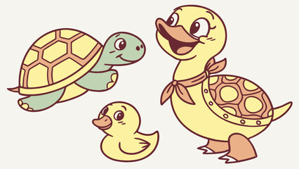Friendly turtle and ducklings cartoon characters together