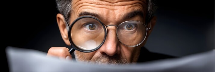 Business documentation inspection: man with magnifier examines paper, research on document detail, auditor checks information, professional investigation, inspect text, explore concept, analyze data.