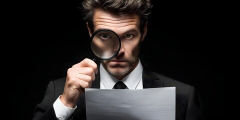 Business documentation inspection: man examining document with magnifier, exploring text detail, auditor checks paper, professional researcher inspects data, investigating information, concept