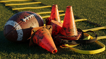 American football training equipment on green turf field with agility ladder cones