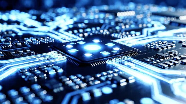 Close-up of a blue glowing circuit board with microchip, abstract technology background