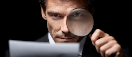 Business documentation inspecting with magnifier glass: man examines detail and text on page, paper, sheet; professional auditor conducts investigation, analysis, and research; concept of control